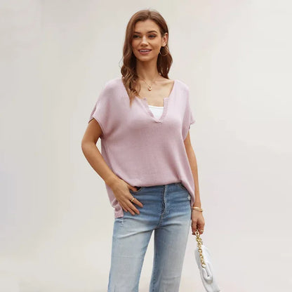 Color Slit Loose Large Size Pullover Spring Women's Short Sleeve V-neck Sweater T-shirt