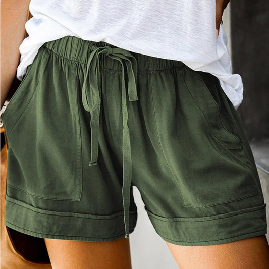 Womens Drawstring Solid Plus Size Splice Casual Elastic Waist Pocketed Loose Shorts женские 2025 New Short