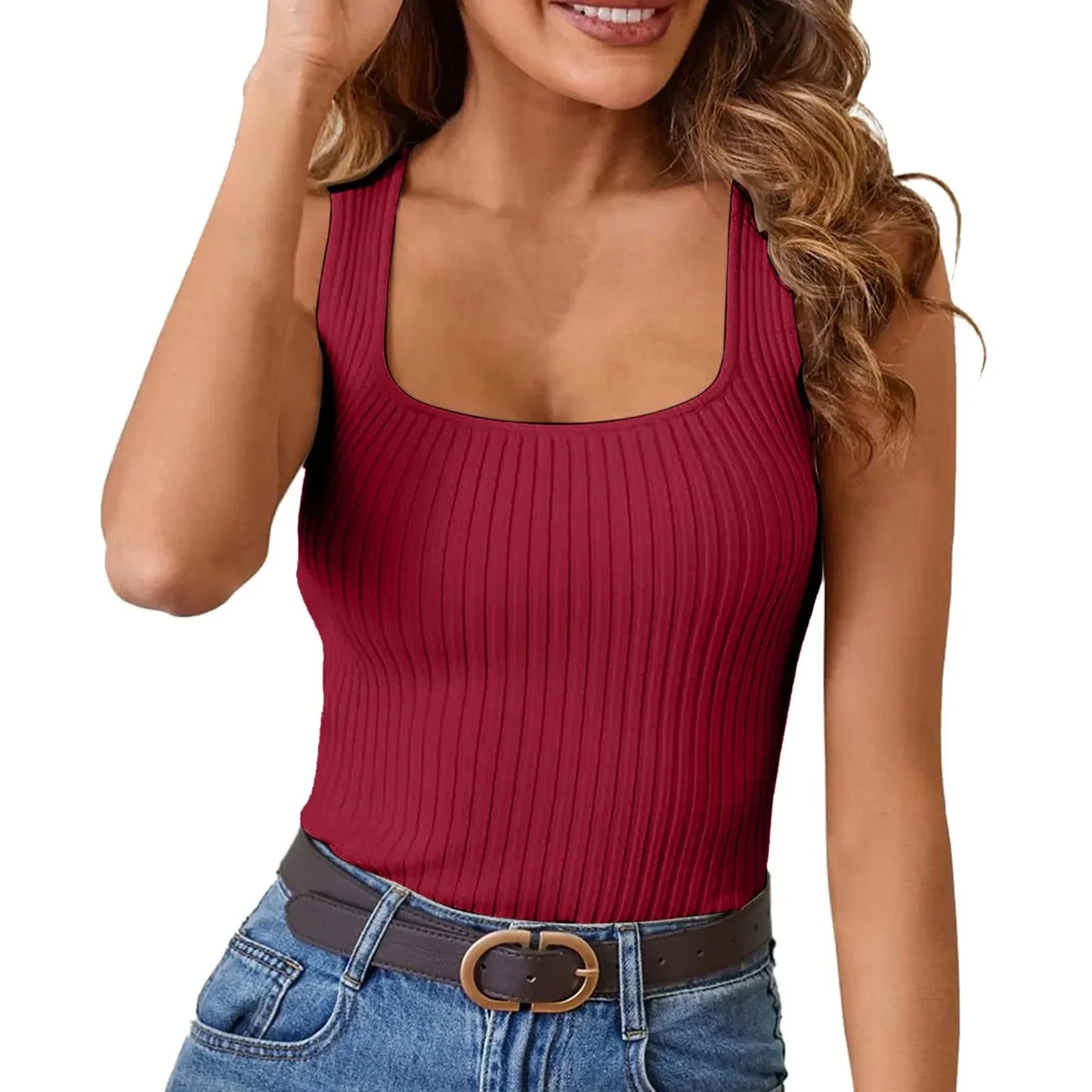Ribbed Summer Scoop Solid Sleeveless Casual Basic Knit Cami Top
