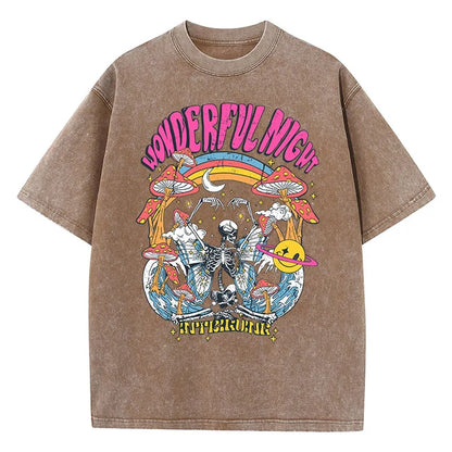 Wonderful Night Skeleton Butterfly Wave Print Womens T-Shirts Fashion Oversized Tops Street Comfortable Clothing Loose Wash Tee