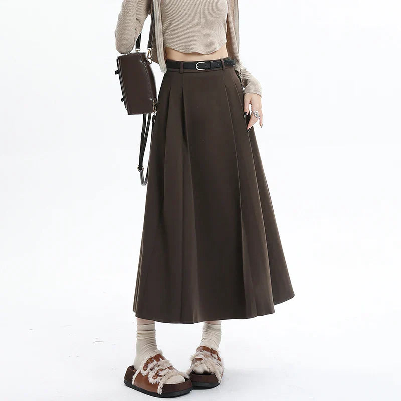 Woolen Pleated Womens 2025 New Autumn Winter Wool High Waist Ladies Elegant A-line Long Skirt