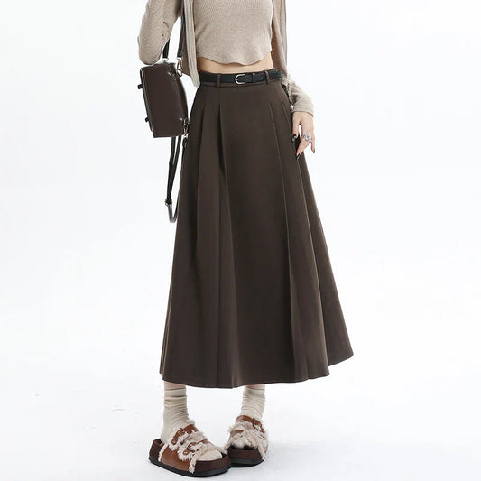 Woolen Pleated Womens 2025 New Autumn Winter Wool High Waist Ladies Elegant A-line Long Skirt