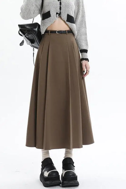 Woolen Pleated Womens 2025 New Autumn Winter Wool High Waist Ladies Elegant A-line Long Skirt