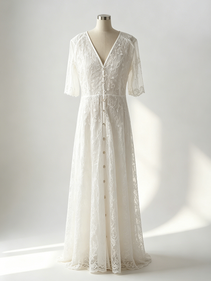 White Lace Maxi Boho Dress for Women - Embroidery Button Front Short Sleeves High Low Dress - Summer Beach Bridal Party Wear 2026