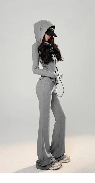 Y2K Casual 2 Piece Set Tracksuit Women Hooded Zip Up Slim Coat + Drawstring Wide Leg Pants Autumn Korean Fashion Solid Outfits