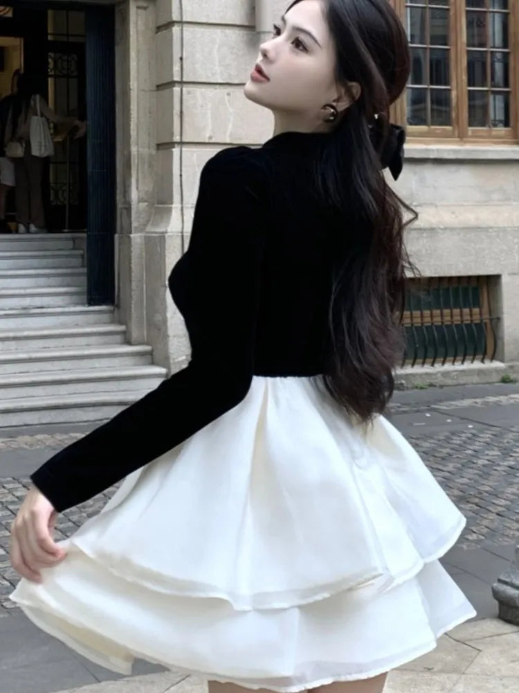 Y2K Mini Princess Dress Women Velvet Patchwork Layered Ruffles A-Line Autumn Spring Elegant Vintage Evening Party Vestidos Mujer