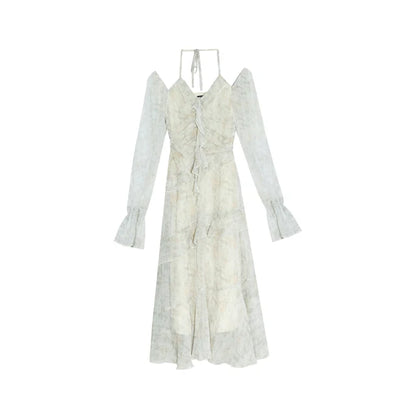 Y2K Ruffles Irregular Short Dress Women Summer New Tie Dye Flare Sleeves Spring Elegant Party Dress Prom Robe Halter Vestidos