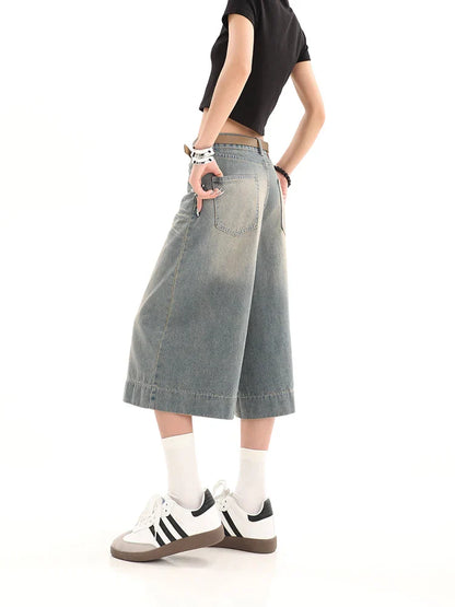 Y2K Streetwear Baggy Wide Leg Cropped Jeans
