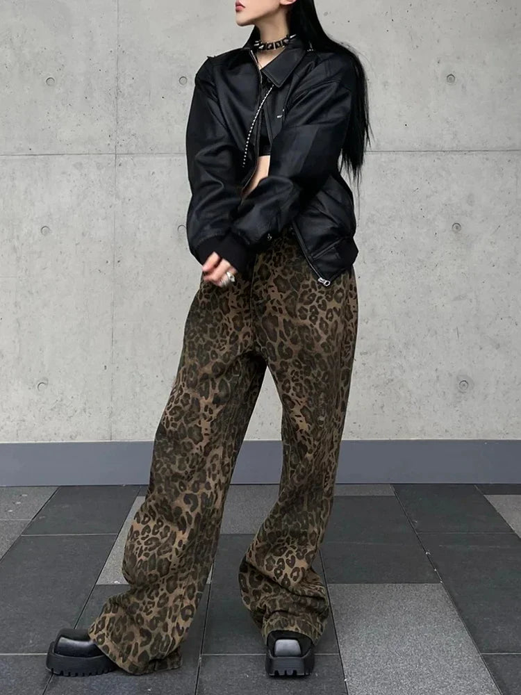 FashionSierra - Y2k High Street Baggy Leopard Print High Waist Wide Leg Trouser