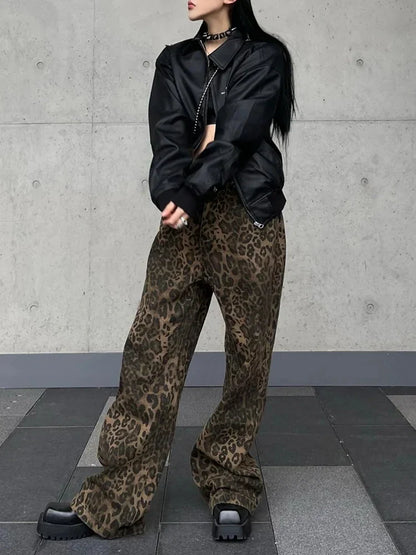 FashionSierra - Y2k High Street Baggy Leopard Print High Waist Wide Leg Trouser
