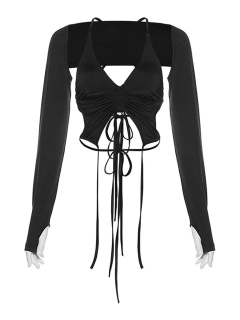 Y2k Streetwear 2 Piece Long Sleeve Halter Crop Top Sexy Trendy Irregular Backless Women T-shirts Aesthetic
