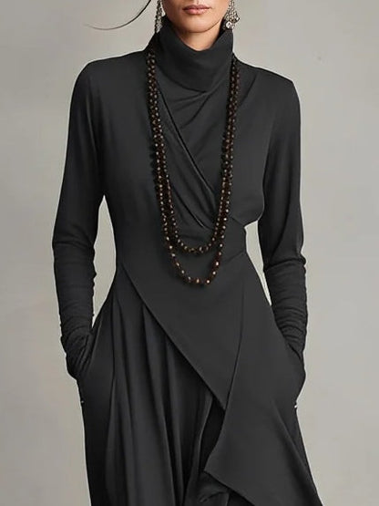Purple High-neck Asymmetrical Pleated Maxi Dress