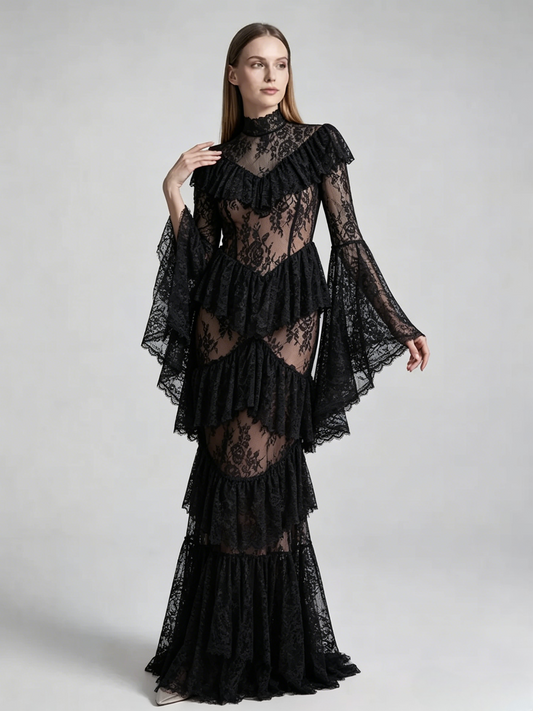 Party Dress Maxi White Stand Collar Lace Long Sleeves Shaping Flared Sleeves Chic Semi Formal Dress