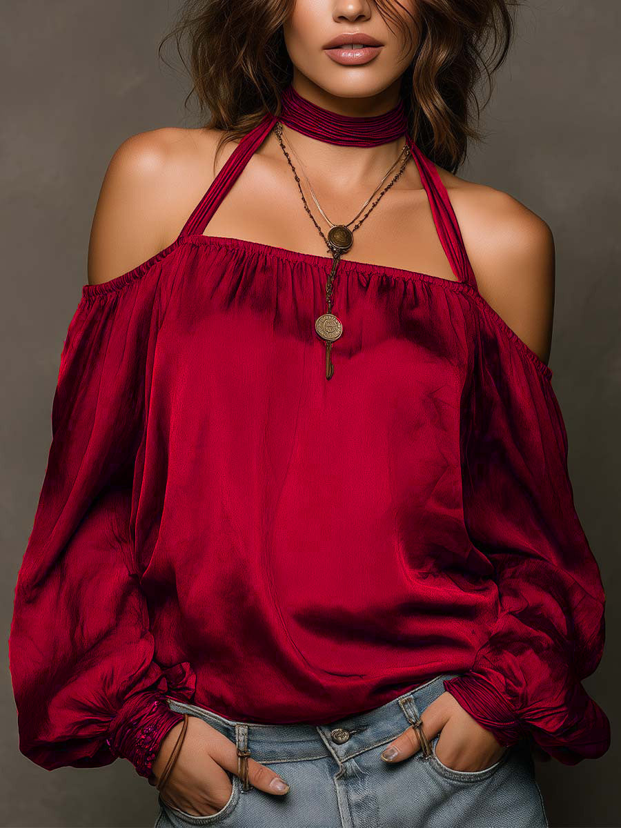 Solid Color Off-shoulder Solid Color Chiffon Blouse
