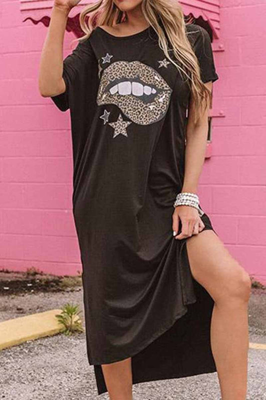 Loose O Neck Lips Dress