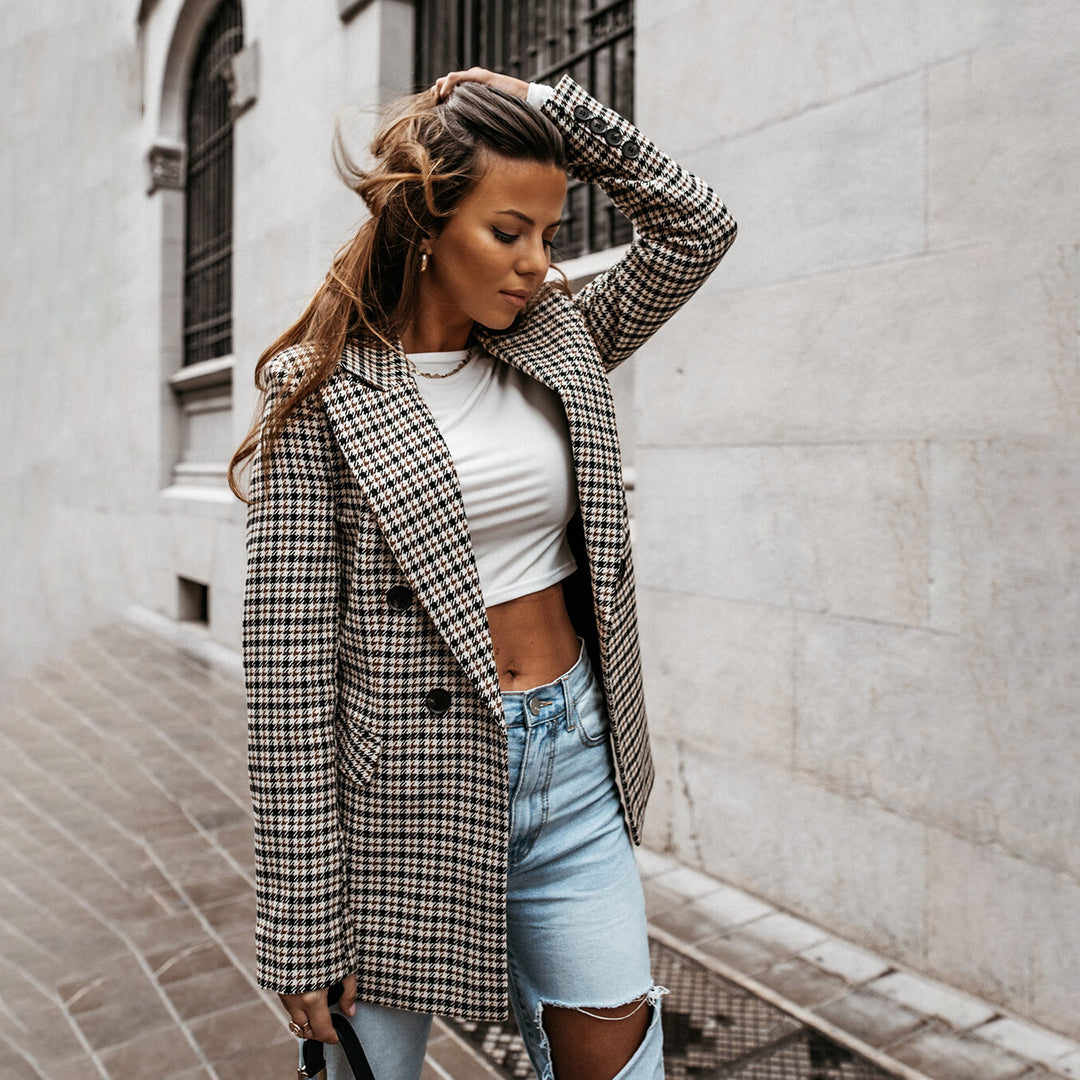Women's Slim Checked Buttoned Blazer with Pockets | For Everyday Wear