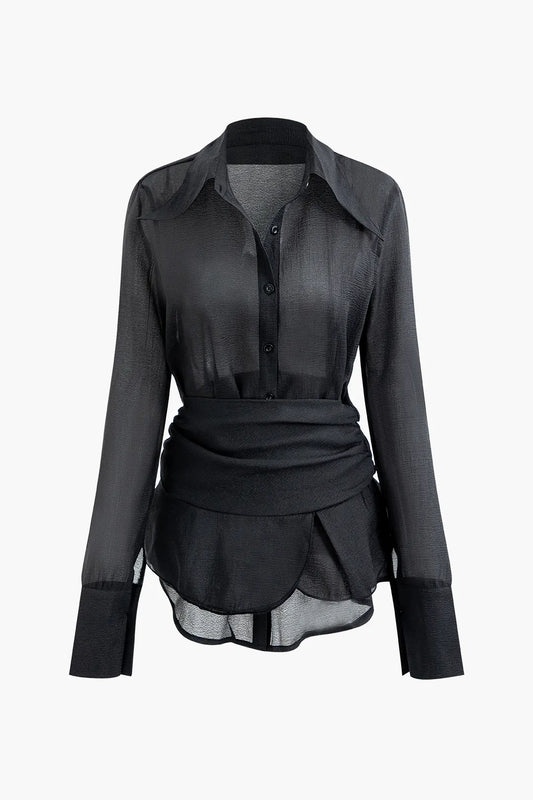 Ziska Black Long Sleeve Button Up Shirt and Ruffle Hem Skirt Set