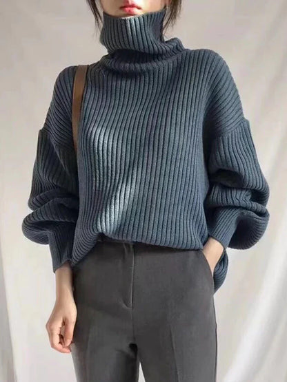 FashionSierra - Korean Simple Lazy Wind Loose Long Sleeve Office Lady Knitted Pullovers Vintage Autumn Sweater