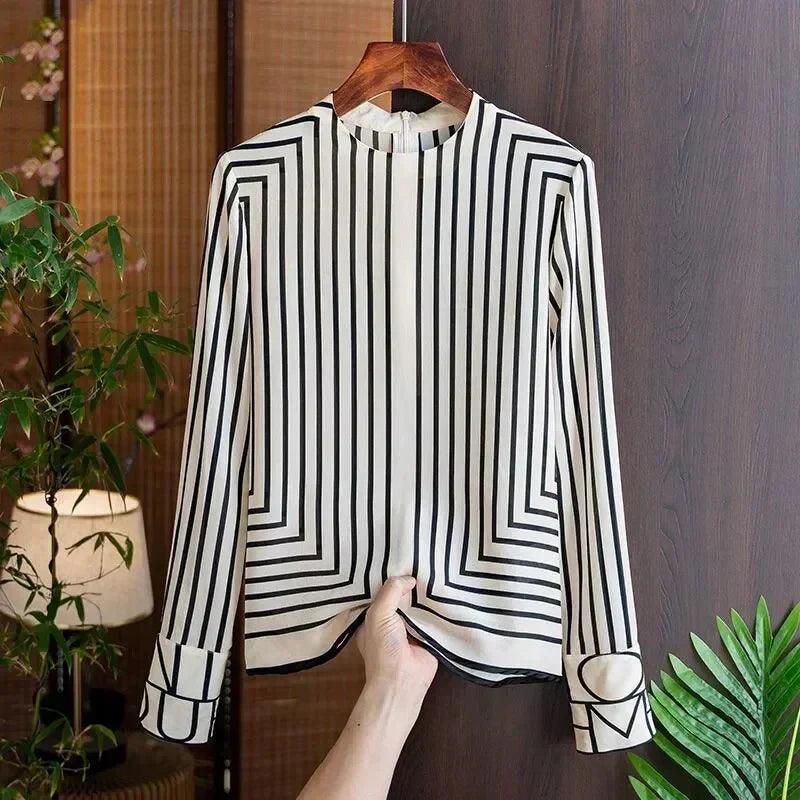 Blusa de gasa a rayas con cuello redondo para mujer | Ideal para primavera/verano
