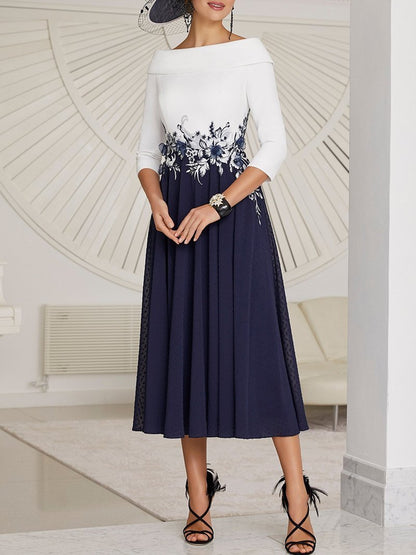 A Line Chiffon Lace Seven-Quarter Sleeve Mother's Midi Dress for Women