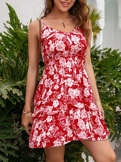 A Line Floral Print V-neck Strap Dress for Women