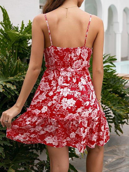 A Line Floral Print V-neck Strap Dress for Women