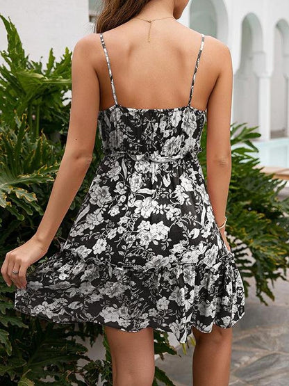A Line Floral Print V-neck Strap Dress for Women