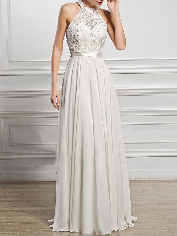 A-Line Scoop Neck Floor-Length Chiffon Lace Bridesmaid Dress With Split Front for Women