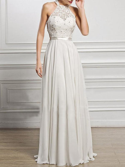 A-Line Scoop Neck Floor-Length Chiffon Lace Bridesmaid Dress With Split Front for Women