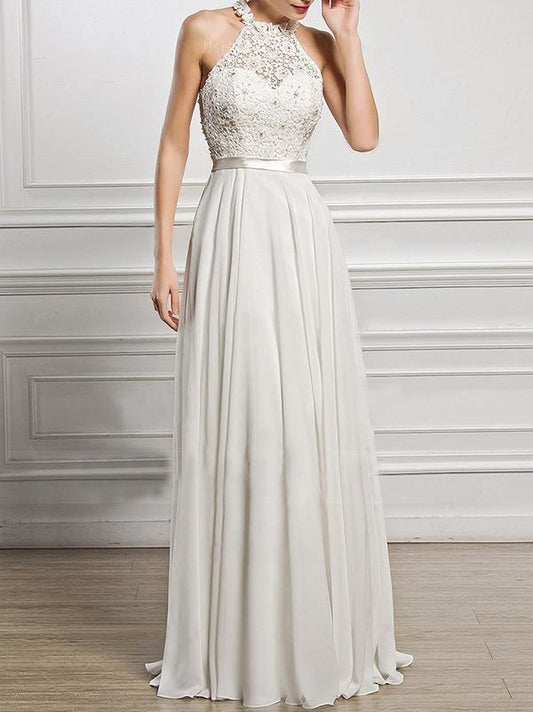 A-Line Scoop Neck Floor-Length Chiffon Lace Bridesmaid Dress With Split Front for Women