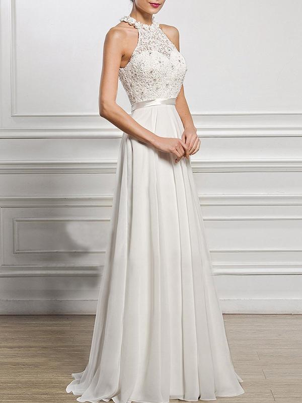 A-Line Scoop Neck Floor-Length Chiffon Lace Bridesmaid Dress With Split Front for Women