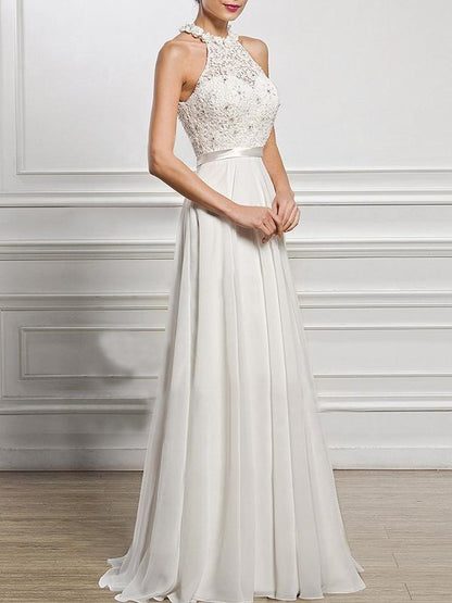 A-Line Scoop Neck Floor-Length Chiffon Lace Bridesmaid Dress With Split Front for Women