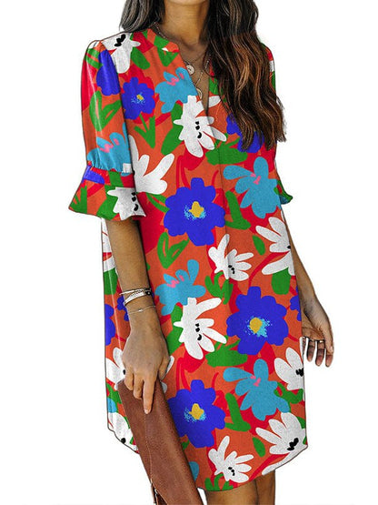 A-Line V-Neck Women'S Dress With Ruffle Sleeves And Floral Print On A Three-Quarter Sleeve Skirt Or
Trendy Loose Ruffle Sleeve Dress With V-Neck And A-Line Skirt In Floral Print