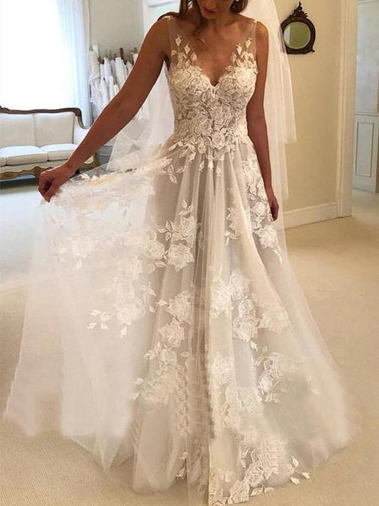 A-Line/Princess Sweep/Brush Train V-neck Sleeveless Applique Tulle Wedding Dresses for Women