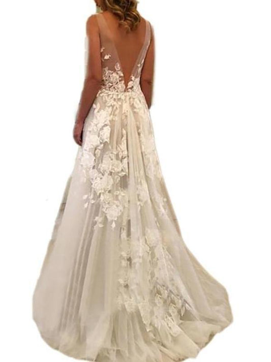 A-Line/Princess Sweep/Brush Train V-neck Sleeveless Applique Tulle Wedding Dresses for Women