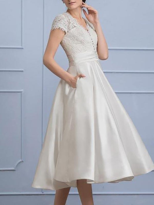 A-Line/Princess V-neck Tea-Length Satin Wedding Dress With Ruffle Pockets for Women