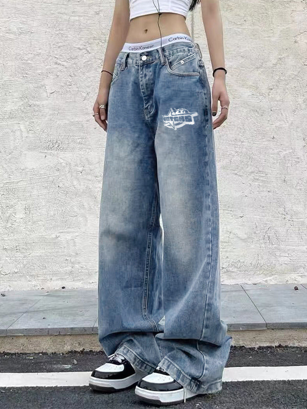 Washed Print Mopping Boyfriend Jeans