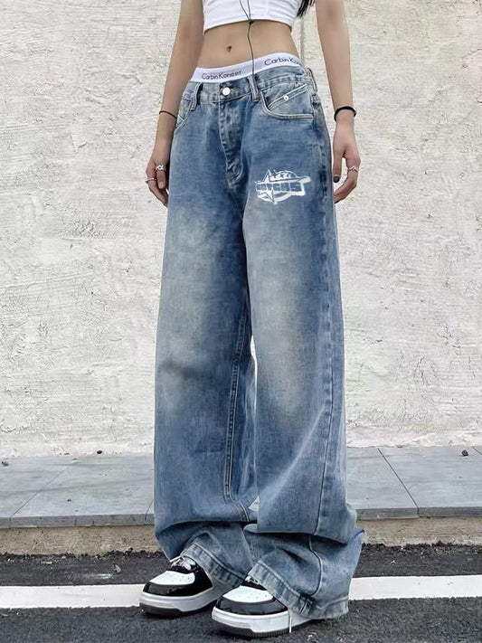 Washed Print Mopping Boyfriend Jeans