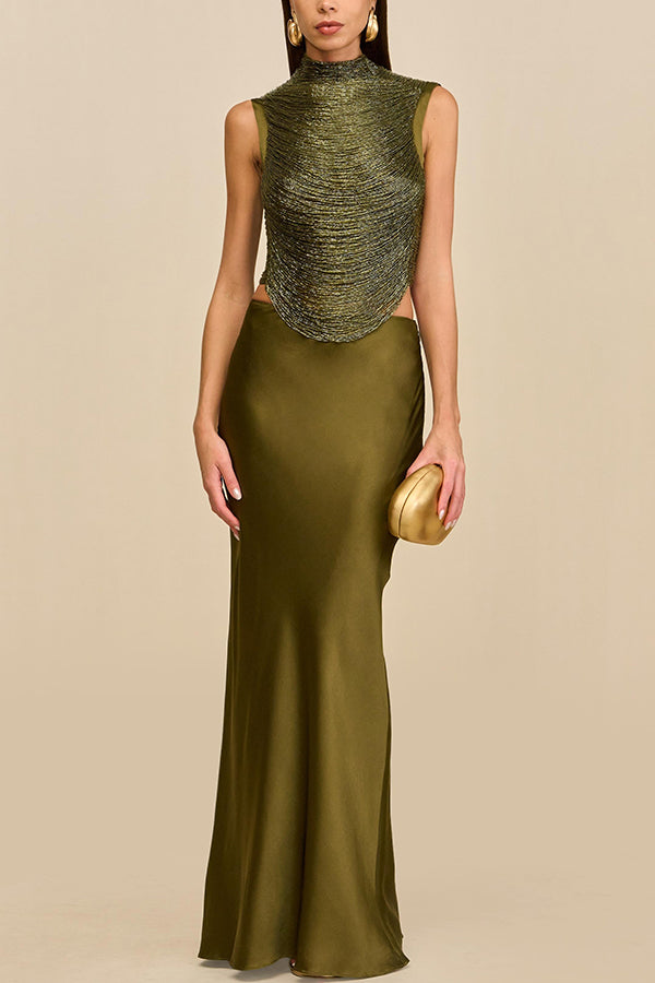 Keep Polished Satin High Rise Bias Cut Drape Maxi Skirt