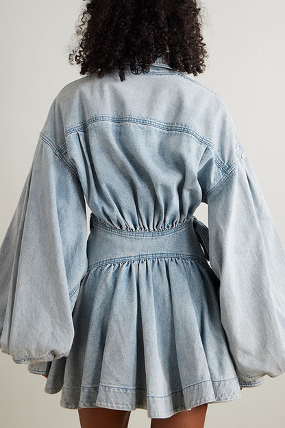 Yaron Denim Button Twisted Shape Wrap Long Balloon Sleeve Shirt Mini Dress