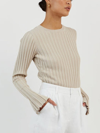 Solid Ribbed Crew Neck Long Sleeve Knit