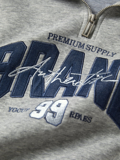 Denim Splice Letter Print Lapel Neck Oversized Hoodie