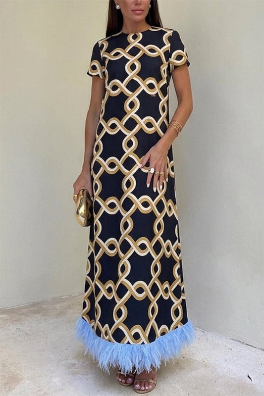 Annalisa Satin Court Style Contrast Color Printed Short Sleeve Pocket Feather Trim Maxi Dress
