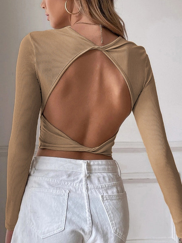 Solid Cutout Backless Twist Back Long Sleeve Knit