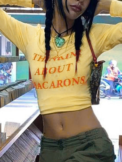 Letter Print Contrast Color Crop Long Sleeve Tee