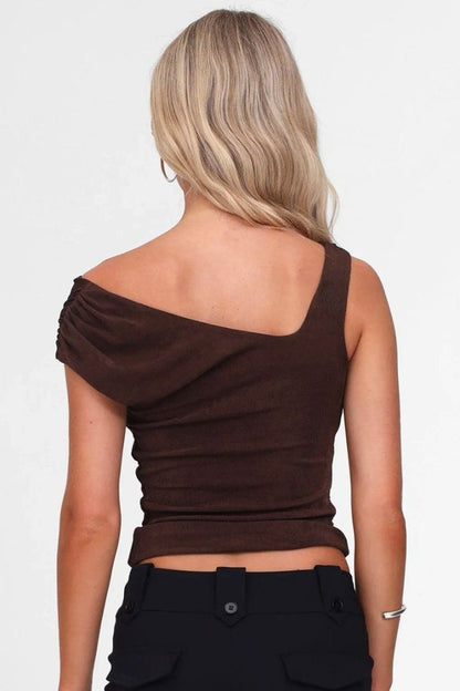 Solid Asymmetric Collar Sleeveless Tie Waist Crop Top