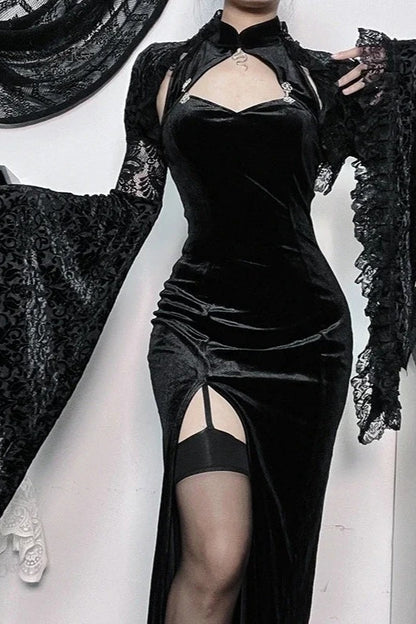 Halloween Gothic Vintage Velvet Spider Web Flare Sleeve Maxi Dress