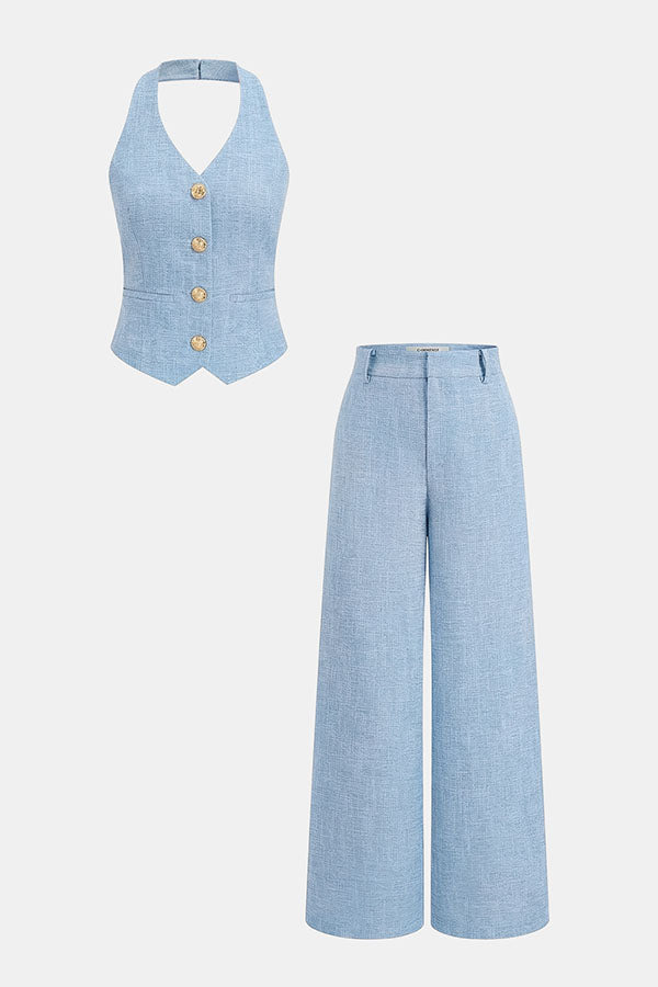 City Outfit Linen Blend Metal Button Halter Vest and Pocket Wide Leg Pants Set
