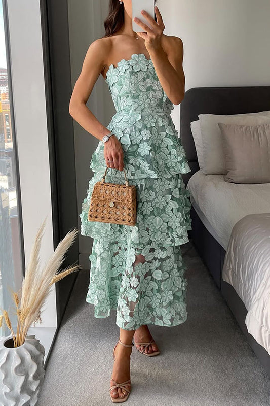 Cocktail Events 3D Embroidery Floral Detail Off Shoulder Tiered Hem Maxi Dress