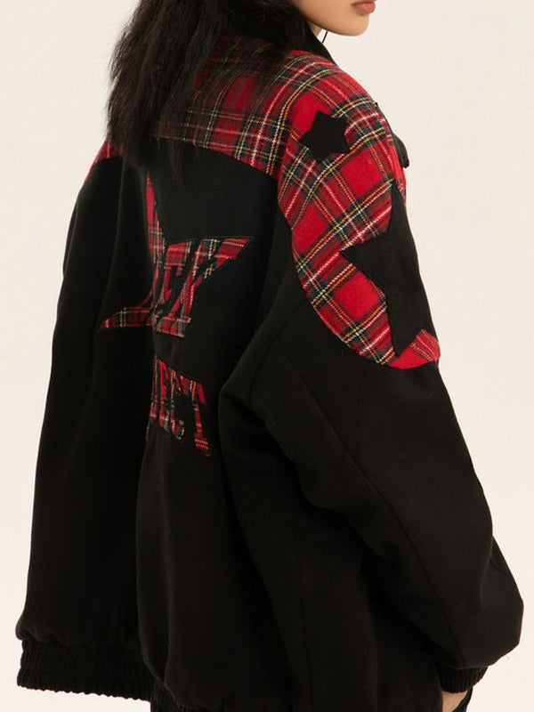 Vintage Plaid Star Splice Lapel Neck Jacket